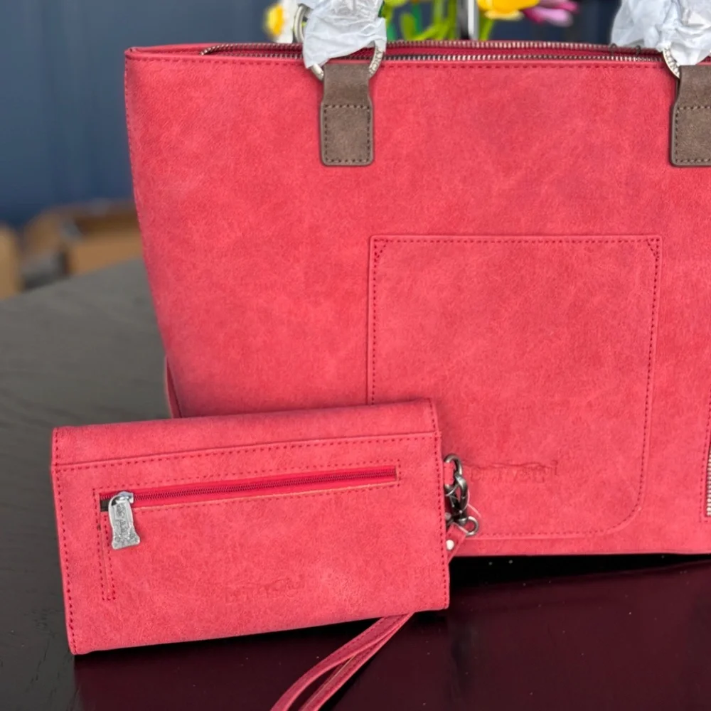Trinity Ranch Aztec Tooled Fringe Concealed Carry Tote + Wallet Burgundy